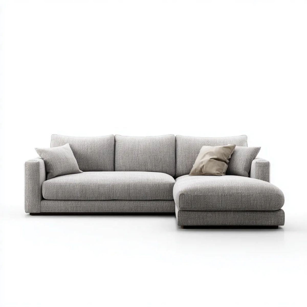 Jasnoszara sofa narożna z szezlongiem po prawej stronie, tapicerowana, 280 × 165 × 85 cm