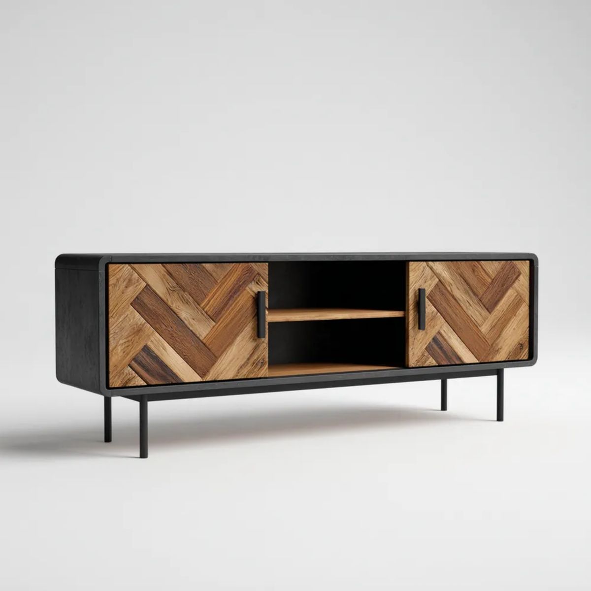 Szafka RTV z 2 przesuwnymi drzwiami, czarna/brązowa/naturalna, z drewna i MDF, 160 × 40 × 60 cm