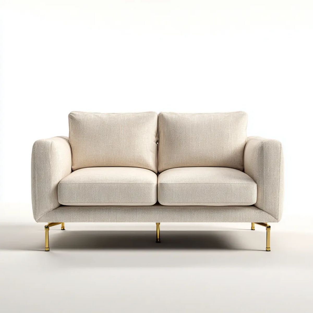 Sofa dwuosobowa beżowa z tkaniny poliestrowej, złote stalowe nogi, 160 x 85 x 84 cm