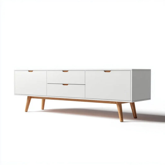 Biała drewniana szafka RTV na nóżkach 160 × 40 × 55 cm