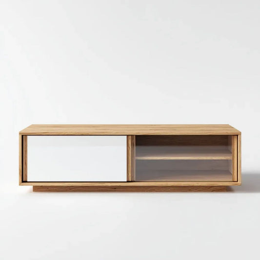 Drewniana szafka RTV biało-dębowa z przesuwnym frontem, 180 × 40 × 50 cm