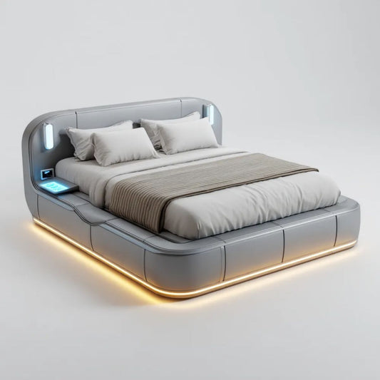 Podwójne łóżko LED z portem USB, szare, tapicerowane PVC, 180 × 200 cm