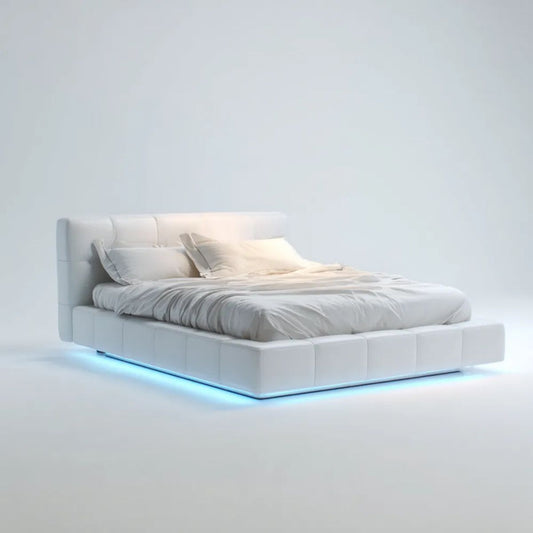 Łóżko podwójne tapicerowane białe z ekoskóry PU 160 × 200 cm z oświetleniem LED