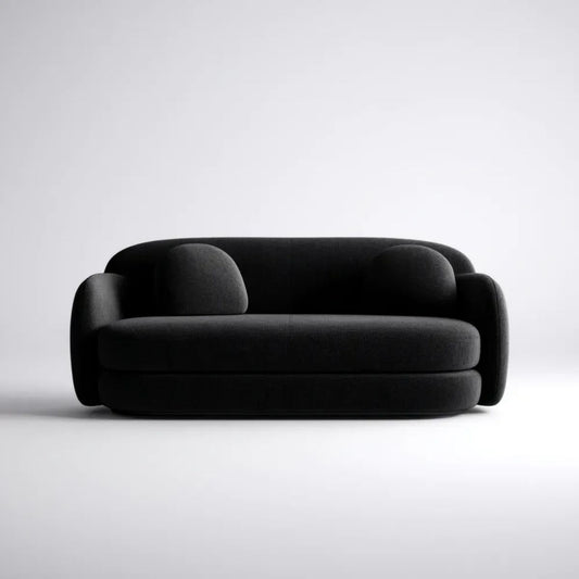 Czarna dwuosobowa sofa z tapicerką materiałową, zaokrąglona, 190 × 90 × 75 cm