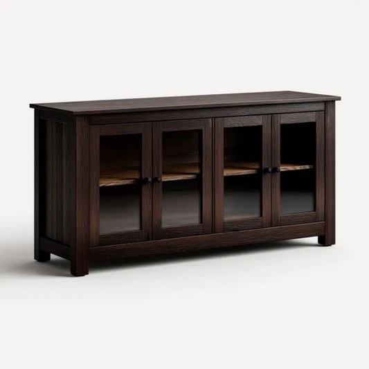 Szafka RTV ciemnobrązowo-czarna z płyty MDF i szkła, 120 x 40 x 75 cm, 4 drzwi