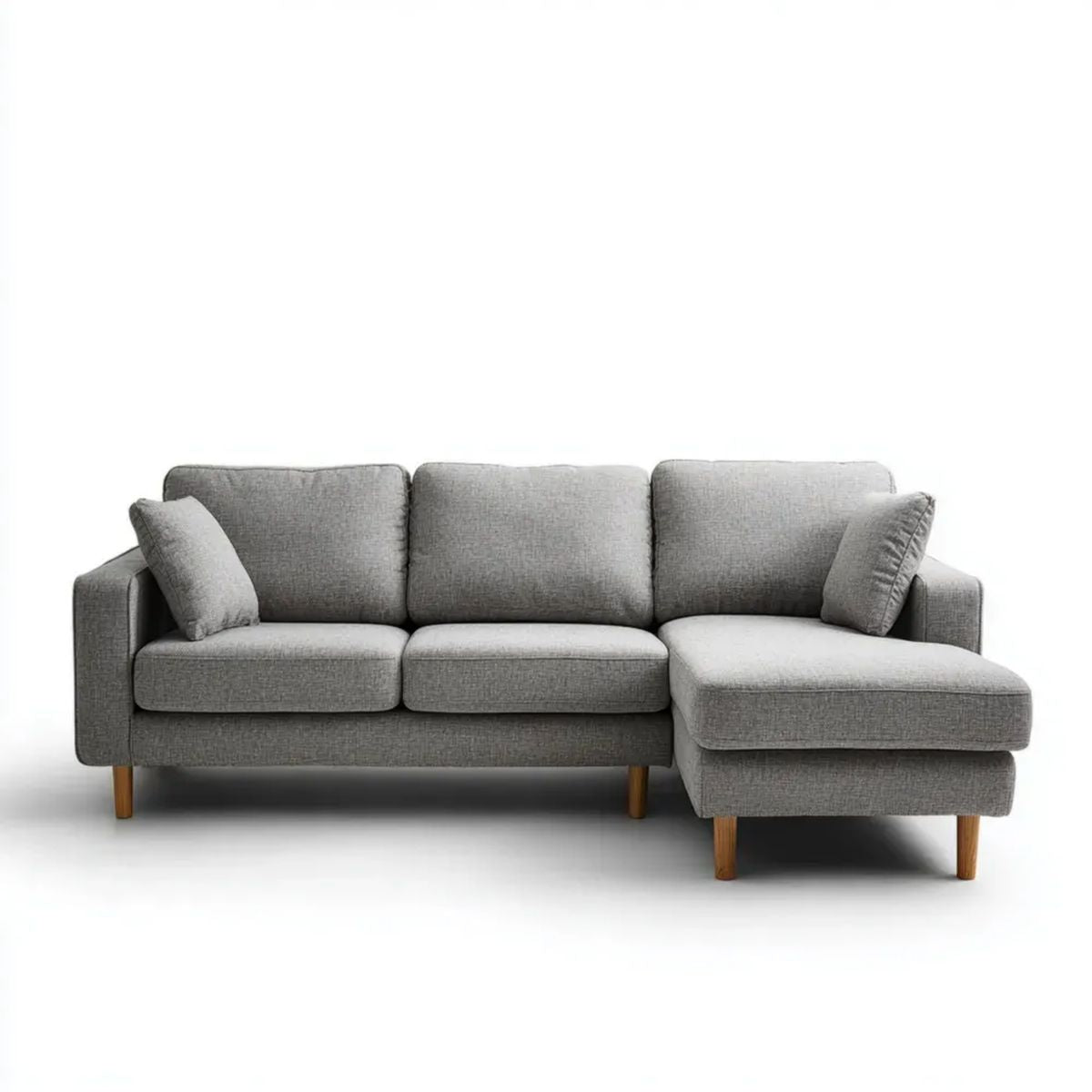 Szara sofa narożna z prawostronnym szezlongiem, tapicerowana tkaniną, 230 × 150 × 85 cm